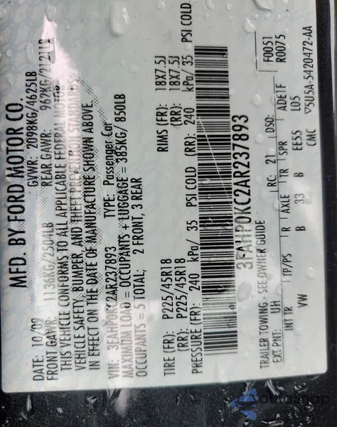 2010 Ford Fusion Sport из США, поврежденный, VIN 3FAHP0KC2AR237893